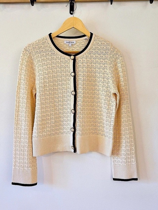 Veronica Beard Sweaters - Veronica Beard Pipes & Shawl Cardigan Cream & Black Cotton Cashmere Cardigan